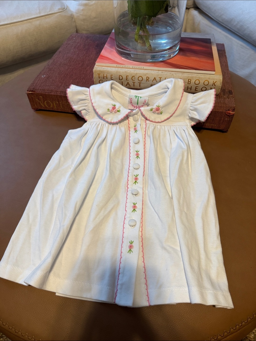 White Girls Cotton dress with Pink Floral Trim